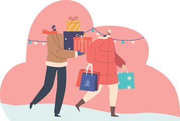 Family couple carrying Christmas gifts