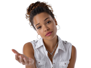 Anxious Look of Young Woman on White: A young woman on white showcases anxious expression with her hair tied up in a bun.
