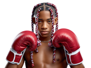 Boxing Portrait: A young, focused athlete stands ready in the ring, red boxing gloves poised, and hair braided, displaying determination and strength, showcasing the spirit of competition.