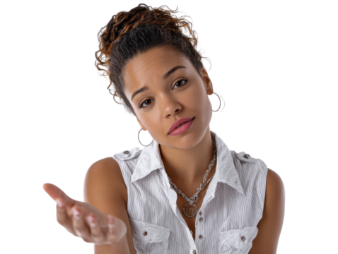 Anxious Look of Young Woman on White: A young woman on white showcases anxious expression with her hair tied up in a bun.