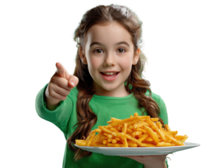 Young Girl and French Fries: A charming little girl with a delightful smile, pointing playfully as she holds a plate of golden, crispy french fries.