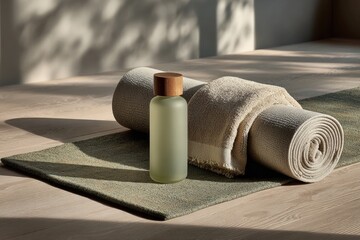 A yoga mat displays a rolled towel and a minimalist green bottle, creating a calm atmosphere in a natural wellness environment