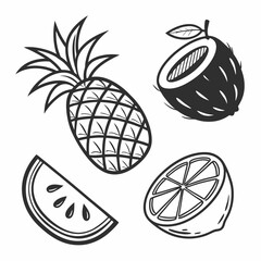 Minimalist black line icons of summer fruits pineapple, coconut, mango, orange, flat vector set, 