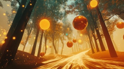 Surreal forest landscape with glowing orbs floating among trees and a luminous path. The scene evokes a sense of fantasy and otherworldly beauty with warm, golden light.
