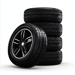 Stacked Black Tires and Wheels - Automotive Parts , PNG isolated cut out image