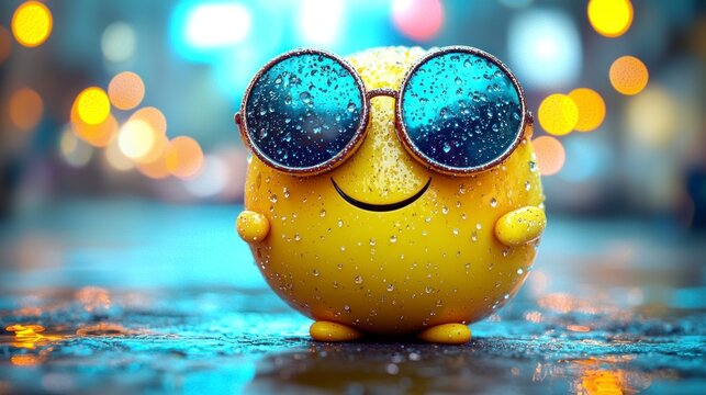 Adorable yellow character wearing blue sunglasses