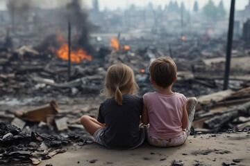 Kids sitting in front of a burned-down city. The city was destroyed in a war, an earthquake, or fire. The political world is fighting against children's innocence.