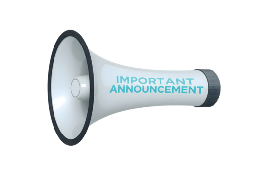 A white megaphone with "IMPORTANT ANNOUNCEMENT" displayed in teal text