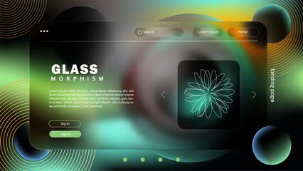 Glass morphism landing page with neon elements and UI design