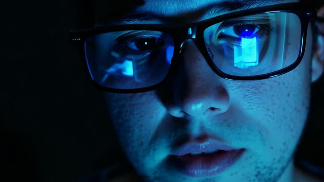 Intense focus: reflections of a screen in glasses illuminated by blue light