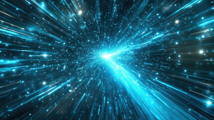 Naklejka premium Luminous Turquoise Speed Path Bursting from the Center with Streaks of Light, Representing Motion and Energy