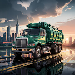 Modern green vacuum truck driving on city street at sunset