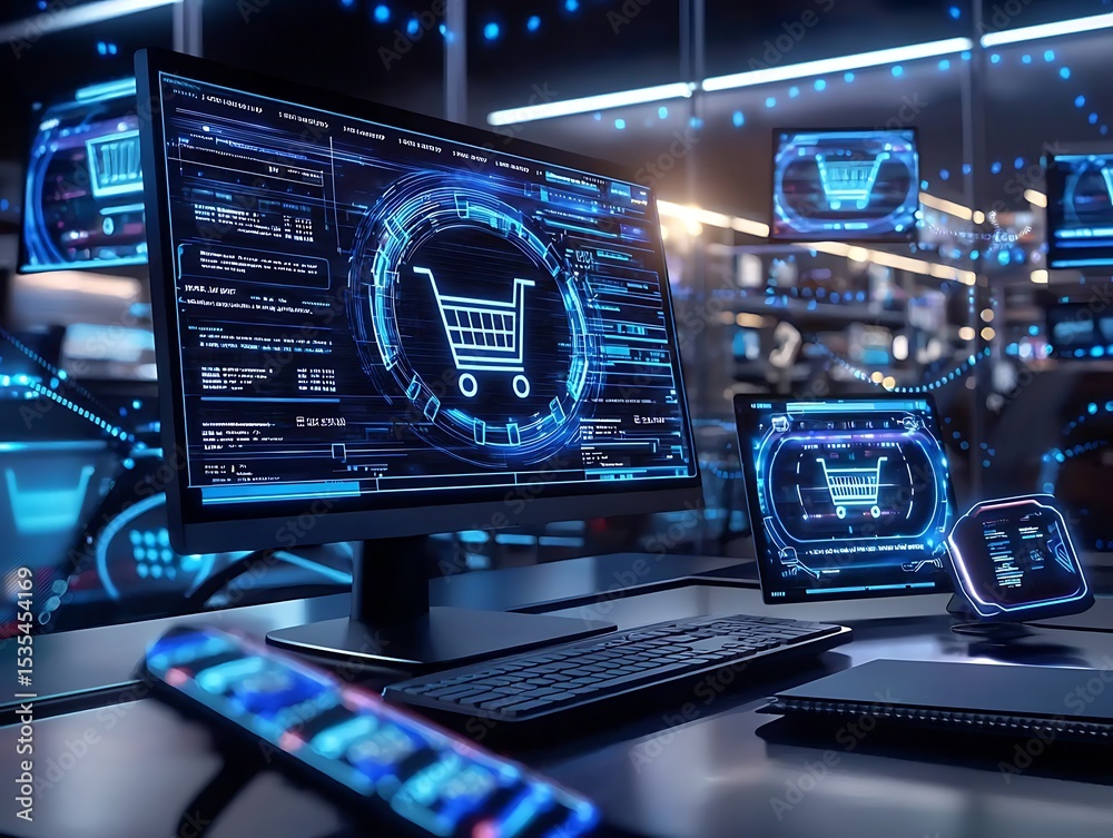 Poster modern digital ecommerce interface with shopping cart symbol on multiple devices in futuristic setti