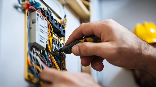 A skilled electrician expertly wires a residential house during a home renovation project demonstrating professional electrical work and safety procedures.