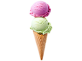  realistic photograph of an ice cream cone with three scoops, one pink, another green, and the last purple on a white background. 
