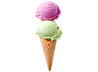  realistic photograph of an ice cream cone with three scoops, one pink, another green, and the last purple on a white background. 