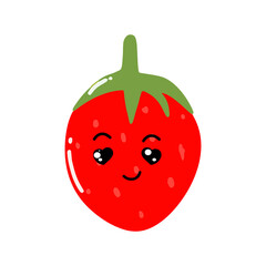 Kawaii strawberry cartoon character. Kawaii cartoon berries set. Funny fruit characters with smiling faces, hearts and sparkles. Cute and simple doodle style drawing, isolated vector clip art illustra