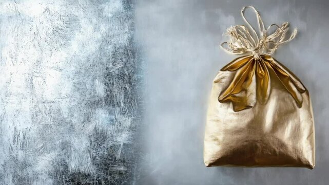Luxurious gold satin pouch with rustic twine on textured silver and gray background &ndash; concept of flash sale