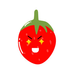 Kawaii strawberry cartoon character. Kawaii cartoon berries set. Funny fruit characters with smiling faces, hearts and sparkles. Cute and simple doodle style drawing, isolated vector clip art illustra