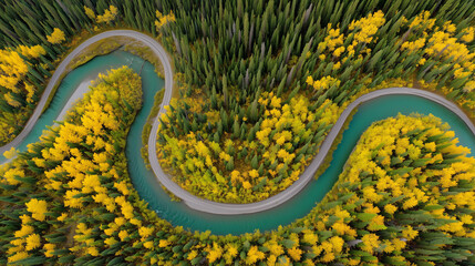 Emerald river winding through autumn-colored forest from drone perspective. S-curve composition leads eye through frame. Top-right quadrant shows uninterrupted evergreen canopy – solid-color zone for