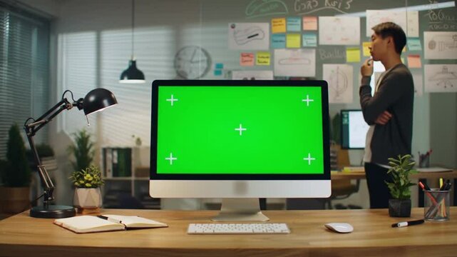 8k wallpaper featuring a man in deep thought near a green screen computer in an office setting. Ideal for technologyrelated designs.