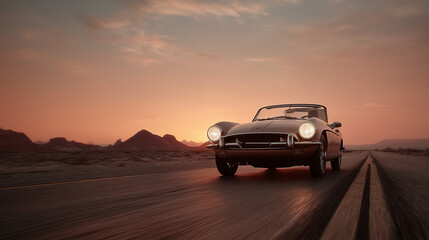 Low-angle shot of vintage convertible speeding down desert highway at dawn. Car positioned bottom-left with headlights on. Top 60% captures vast pink-hued sky with distant buttes - open space for "Ad