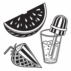 Black vector of sliced watermelon, ice cream cone, popsicle, and lemonade glass, bold summer elements
