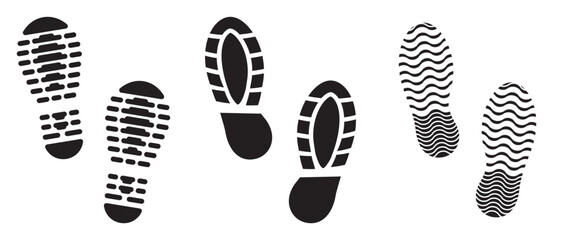 Boot Print. Black shoe prints barefoot footprints boot prints. Footprints human silhouette, vector set.
