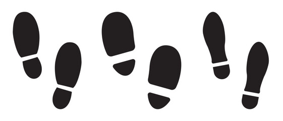 Boot Print. Black shoe prints barefoot footprints boot prints. Footprints human silhouette, vector set.