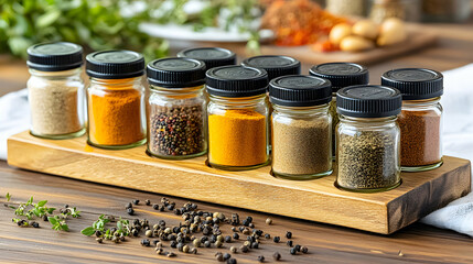 Ten spice jars with black lids on a wooden rack, various spices, peppercorns scattered.
