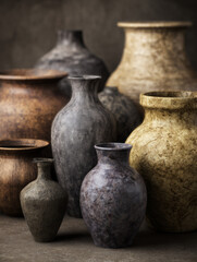 a collection of antique ceramic vases