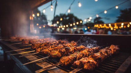 Sizzling herb-marinated chicken skewers on charcoal grill. Close-up with smoke rising vertically. Top 40% shows blurred string lights and dusk sky - darkening area ideal for restaurant promotions or 