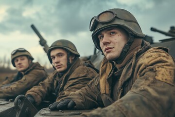 Military men in Russian Army uniforms are positioned on the tank's armor.