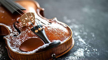 A close-up shot of a violin dusted with powdered sugar, resting on a dark surface.  The image evokes a sense of winter or a festive occasion.