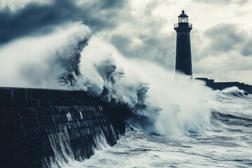 Giant waves crash against the breakwater and lighthouse. 