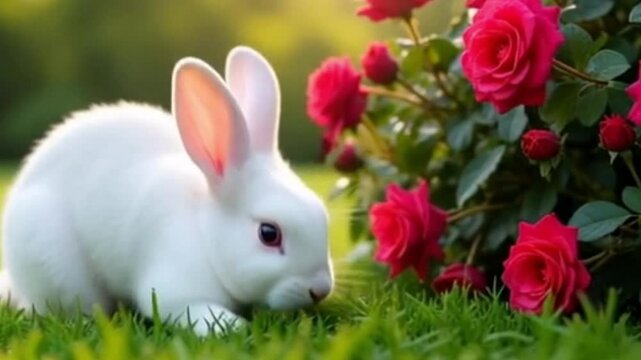 A white rabbit on green grass small, brown rabbit stands on its hind legs, stretching upwards to sniff or nibble at a cluster of red roses on a bush. The rabbit's ears are perked up, 