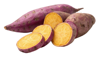 Roasted Japanese Sweet Potato with purple skin, shown yellow flesh