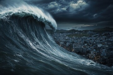 tsunami wave over the city, very big wave, dark sky