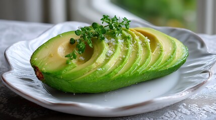 Sliced Avocado with Herbs and Salt on a White Plate