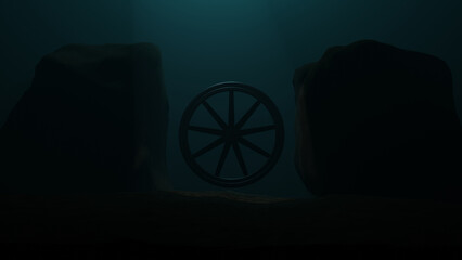 Mysterious Ancient Wheel Submerged in Deep Ocean Depths Surrounded by Glowing Sci-Fi Bioluminescent Lifeforms