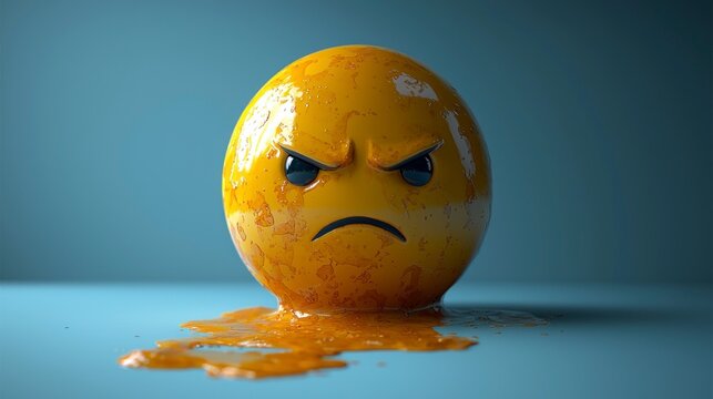 Angry egg with runny yolk on blue