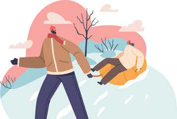 Couple sledding down snowy hill