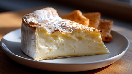 A slice of baked brie cheese served with crackers on a white plate