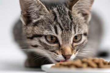 A tabby kitten eating dry cat food closeup focus on its face and tongue