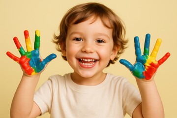 Joyful child expresses creativity with colorful painted hands in a cheerful setting