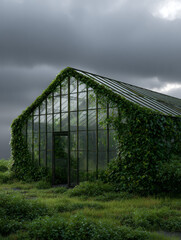 abandoned greenhouse overgrown with ivy and moss, cloudy skies, soft diffused light