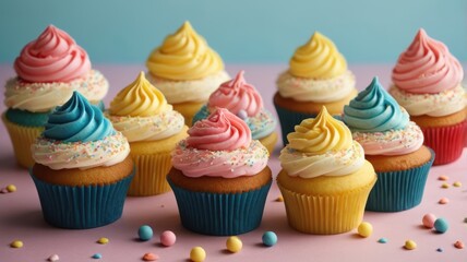 Colorful cupcakes with swirled frosting and sprinkles.