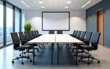 Modern conference room with a long table and ergonomic chairs, designed for meetings. High quality