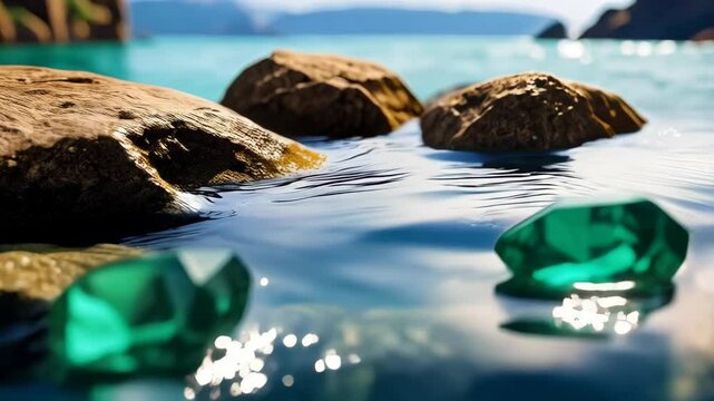 Sparkling emerald gemstones resting on clear ocean water with rocks and distant island hills on a bright sunny day.