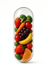 Capsule filled with fruits and vegetables: A nutritional supplement, promoting healthy eating with vitamins and minerals, all in one place.